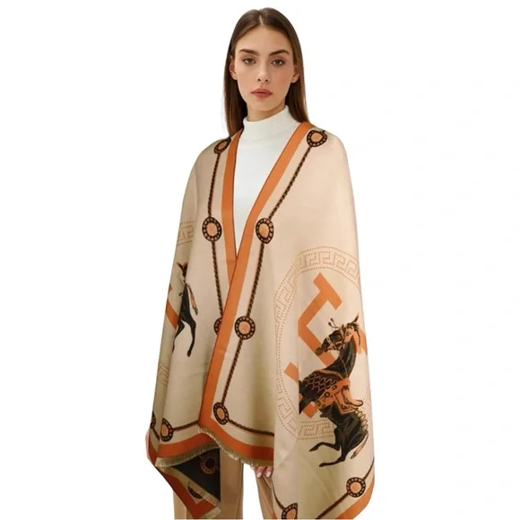 #14 Anthro Kerri Horse Poncho Scarf Orange & Cream O/S - Picture 6 of 17
